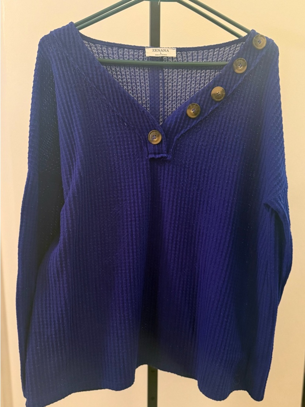 Zenana Outfitters Women's Ribbed V-Neck Top with Button Placket - Deep Blue